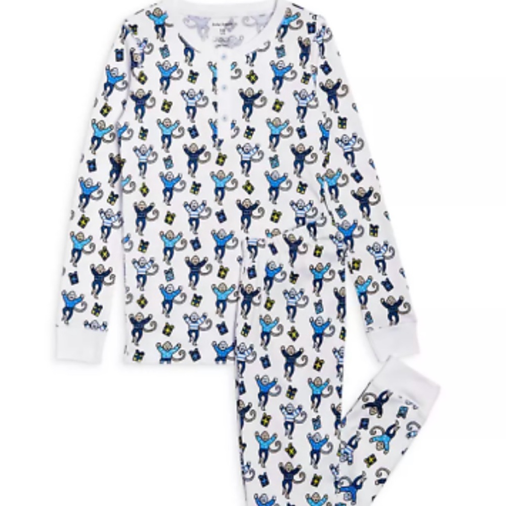 Roller rabbit pajamas in white and blue-holiday theme.